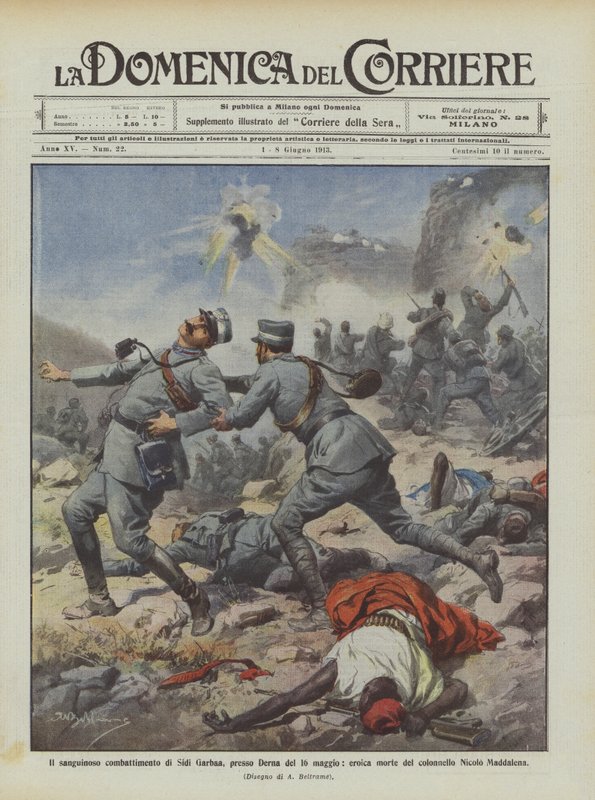 Det blodige slag ved Sidi Garbaa i nærheden af Derna den 16. maj, den heroiske død af den ? af Achille Beltrame