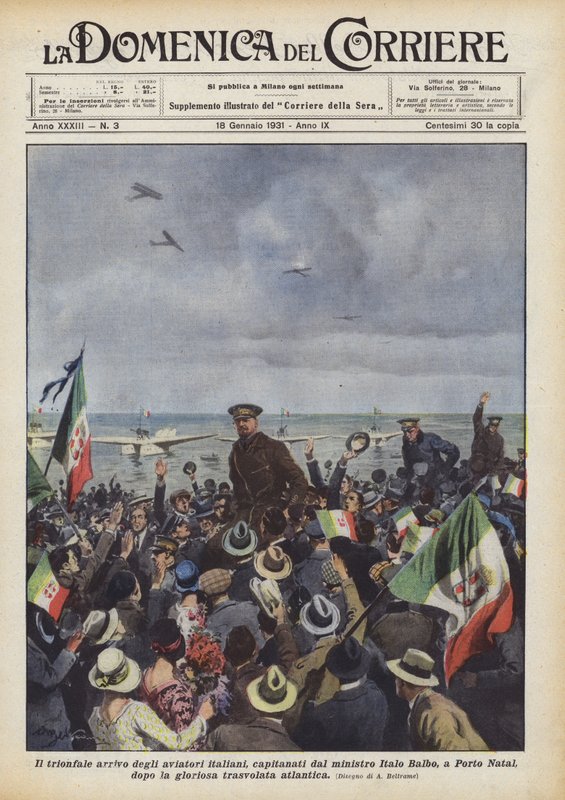 Den triumferende ankomst af de italienske flyvere, anført af minister Italo Balbo, til Porto Natal? af Achille Beltrame