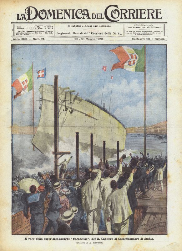 Lanceringen af ​​den super-dreadnought Caracciolo, i R Cantiere di Castellammare di Stabia af Achille Beltrame