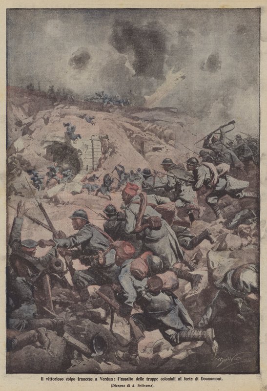 Det sejrrige franske kup i verdun, kolonitroppernes angreb på fortet Douaumont af Achille Beltrame