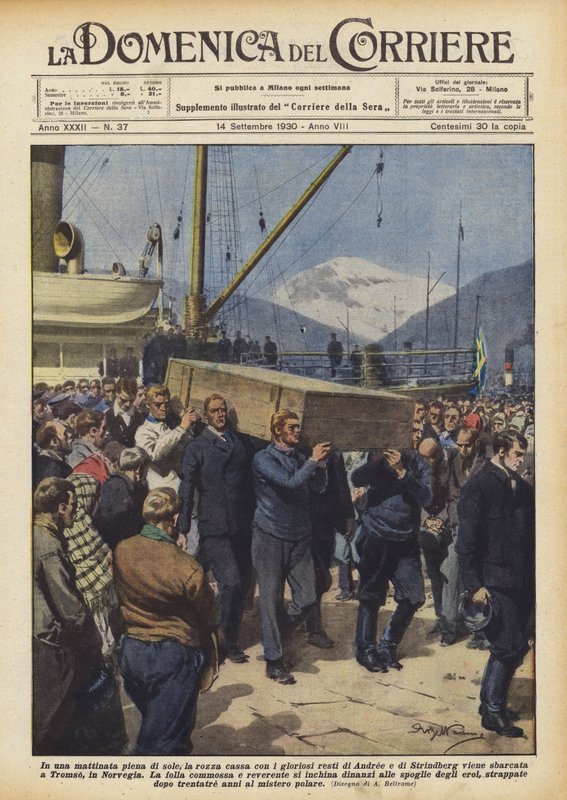 På en solrig morgen, den rå kiste med de herlige rester af Andree og Strindberg? af Achille Beltrame