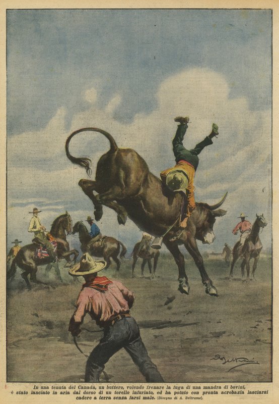 I en canadisk ejendom, en bonde, der ønsker at stoppe flugten af ​​en flok kvæg? af Achille Beltrame