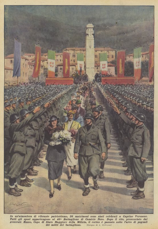 I en atmosfære af livlig patriotisme blev 26 bryllupper fejret i Caprino Veronese af Achille Beltrame