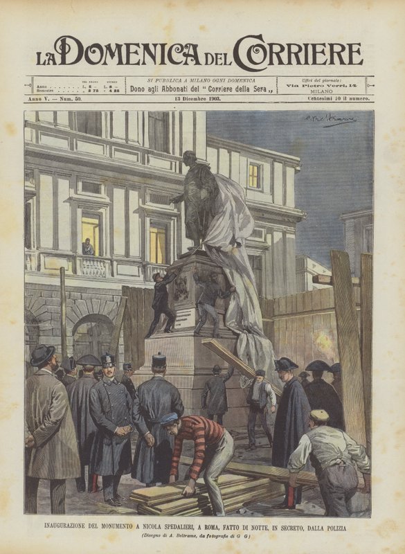 Indvielse af monumentet til Nicola Spedalieri, i Rom, lavet om natten, i hemmelighed, af politiet af Achille Beltrame