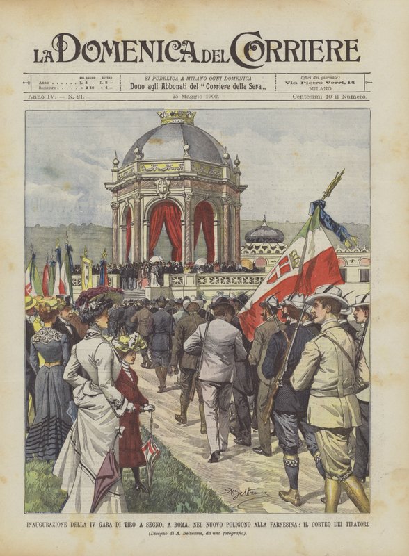 Indvielse af IV-skydekonkurrencen, i Rom, i den nye skydebane ved Farnesina, Corteo Dei Tiratori af Achille Beltrame