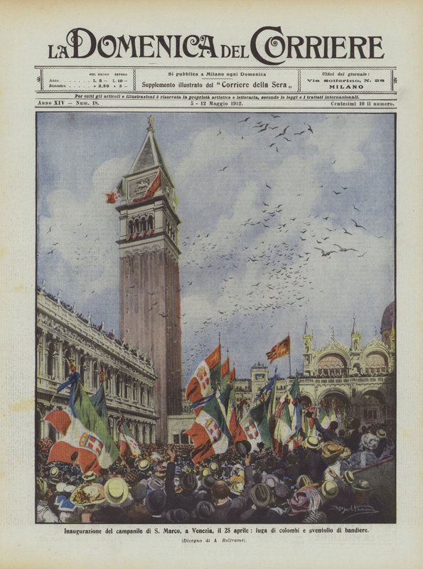 Indvielse af klokketårnet i S Marco, i Venedig, den 25. april, dueflugt og viftende flag af Achille Beltrame