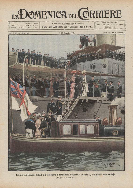 Møde mellem Italiens og Englands suveræniteter om bord på slagskibet Umberto I i den lille havn i Baja af Achille Beltrame