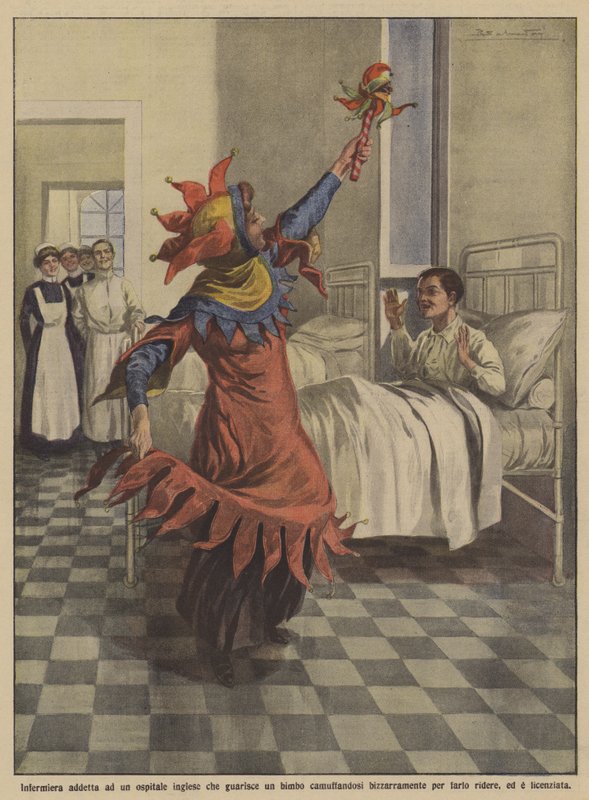 Sygeplejerske med ansvar for et engelsk hospital, der helbreder et barn ved at forklæde sig bizart for? af Achille Beltrame