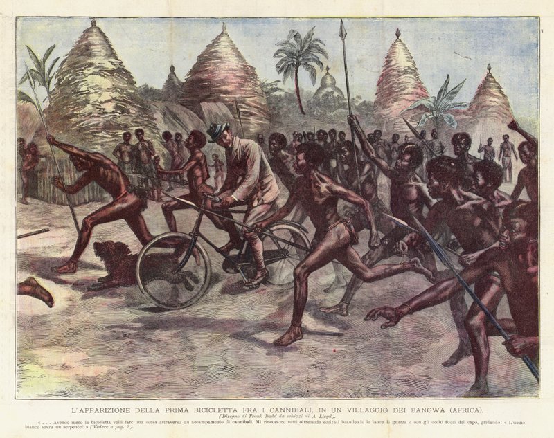Åbenbaringen af ​​den første cykel blandt kannibaler, i en Bangwa-landsby (Afrika) af Achille Beltrame