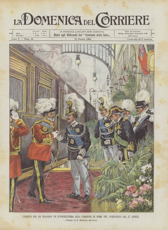 Ankomst af kong Edward VII af England til Roms station om eftermiddagen den 27. april af Achille Beltrame