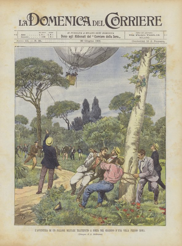 Eventyret om en militærballon holdt med magt i haven til en villa nær Rom af Achille Beltrame