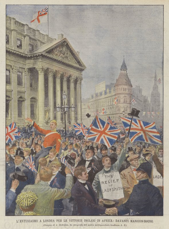 Entusiasme i London for britiske sejre i Afrika, foran palæ-huset af Achille Beltrame
