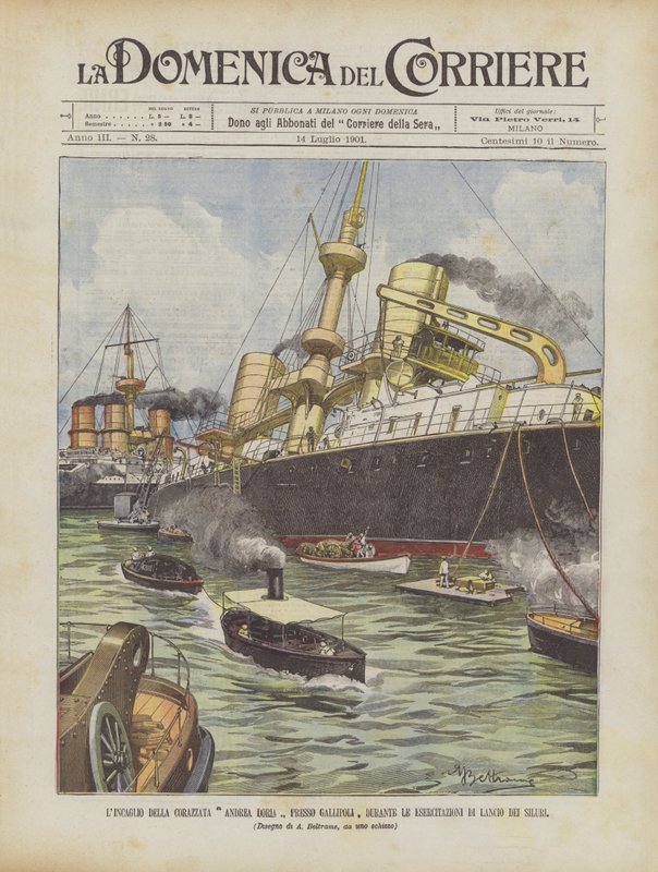 Grundstødning af slagskibet Andrea Doria nær Gallipoli under øvelser i torpedobeskydning af Achille Beltrame