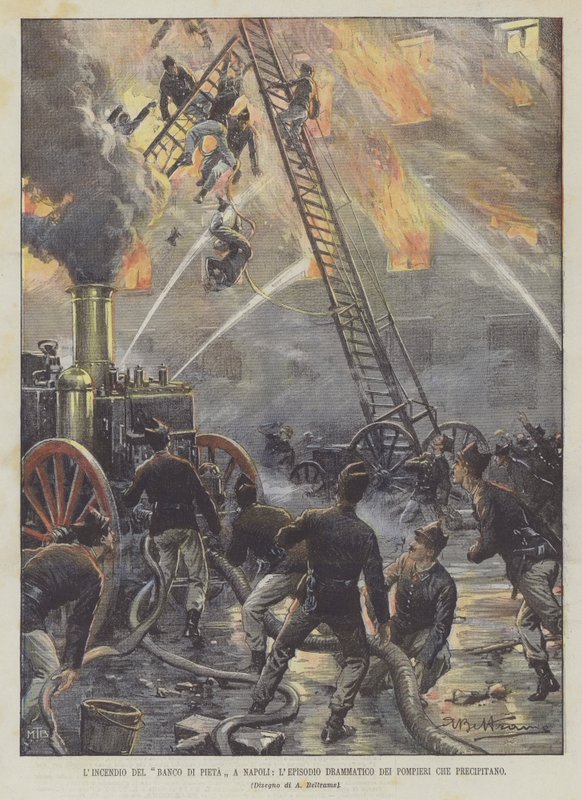 The Fire Of The Banco Di Pieta i Napoli, den dramatiske episode af The Rushing Firefighters af Achille Beltrame