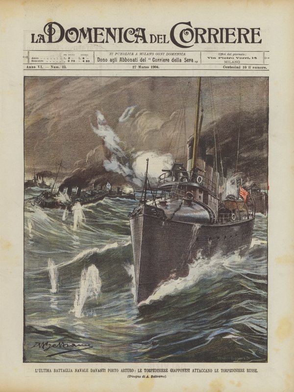 SIDSTE SKIBSSLAGSMÅL FORAN ARTURO HAVN, JAPANSKE BYSKIBE ANGRIBER RUSSISKE BYSKIBE af Achille Beltrame