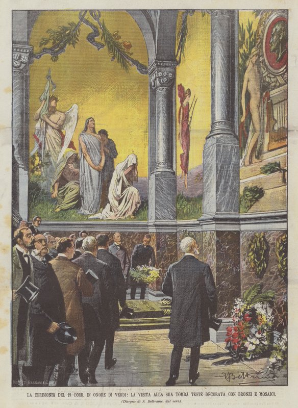 19 Corr-ceremonien til ære for Verdi, besøget i hans gravhoveder dekoreret med bronzer og mosaikker af Achille Beltrame