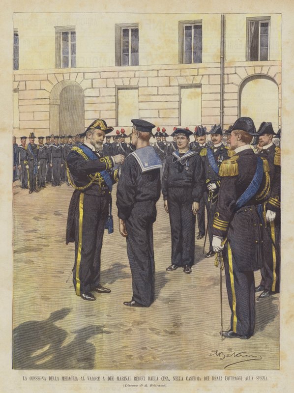 Levering af tapperhedsmedaljen til to sømænd, der vender tilbage fra Kina, i Royal Crews Kaserne i La Spezia af Achille Beltrame