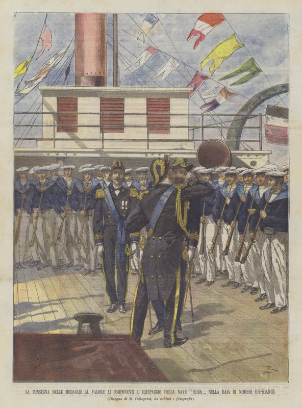 Levering af tapperhedsmedaljer til besætningsmedlemmerne på Elba-skibet i Nimrod-bugten (Ce-Kiang) af Achille Beltrame