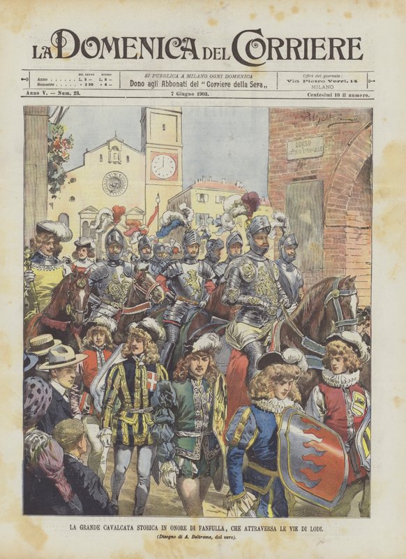 Den store historiske kavalkade til ære for Fanfulla, som krydser Lodis gader af Achille Beltrame