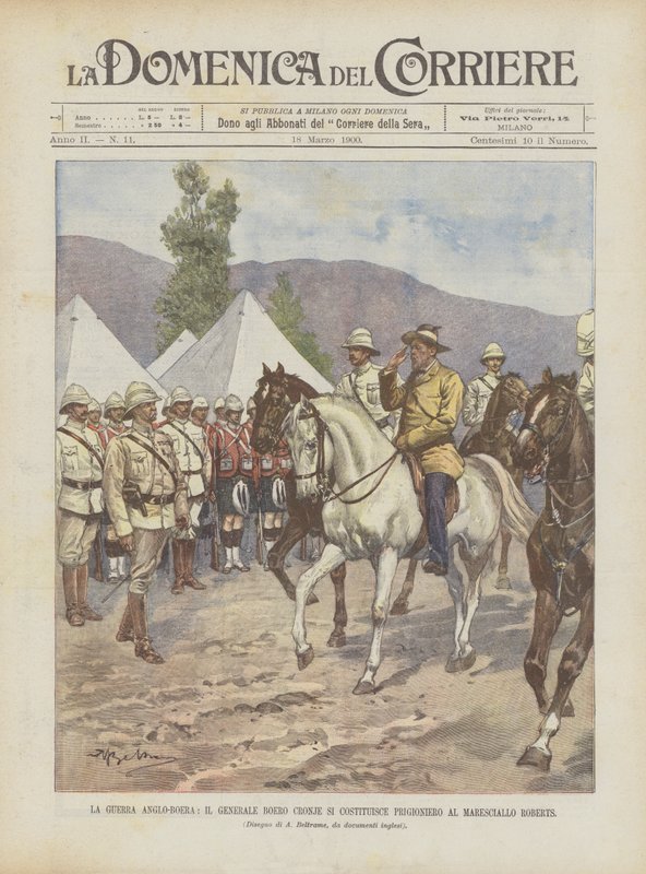 Anglo-boerkrigen, boergeneral Cronje konstituerer sig selv som fange for marskal Roberts af Achille Beltrame