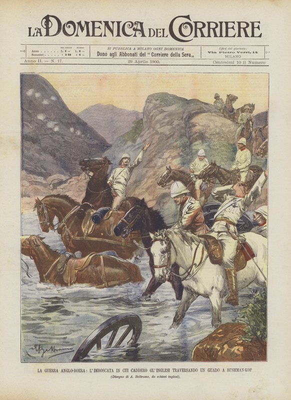 Anglo-Boer-krigen, bagholdsangreb, hvor briterne faldt, mens de krydsede et vadested i Bushman-Kop af Achille Beltrame