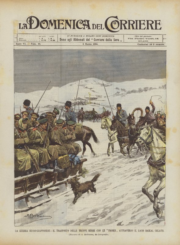 Russisk-japansk krig, transport af russiske trojkaer gennem den frosne Baikal-sø af Achille Beltrame