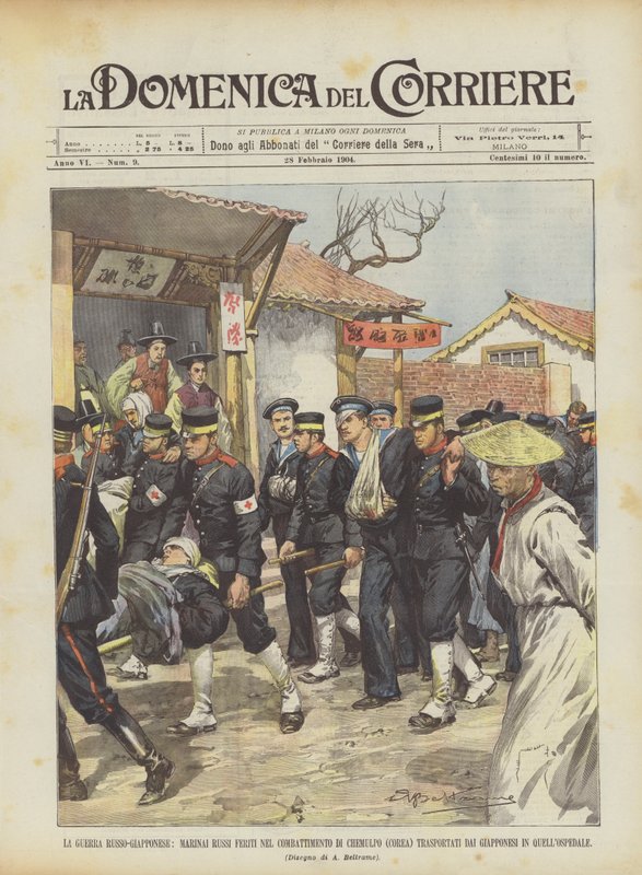 Den russisk-japanske krig, russiske sømænd såret i Chemulpo-kamp (Korea) transporteret? af Achille Beltrame