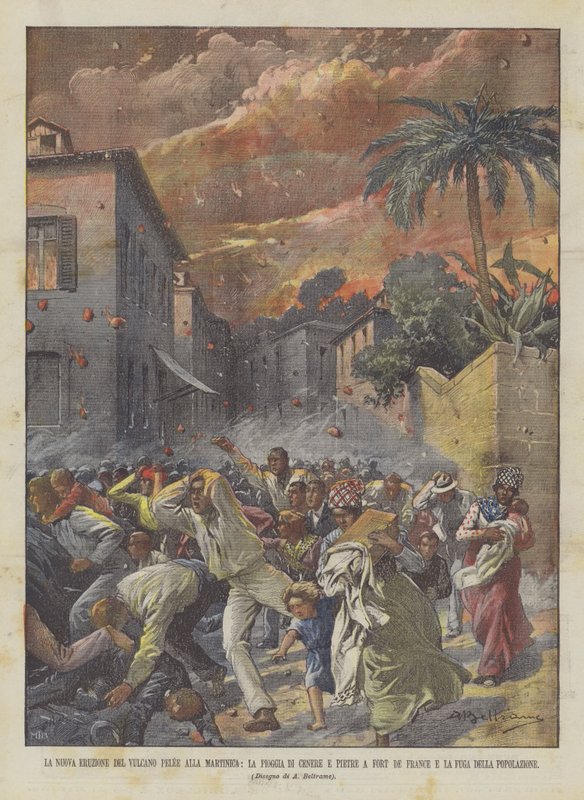Det nye udbrud på vulkanen Pelee på Martinique, regnen af aske og sten i Fort De France? af Achille Beltrame