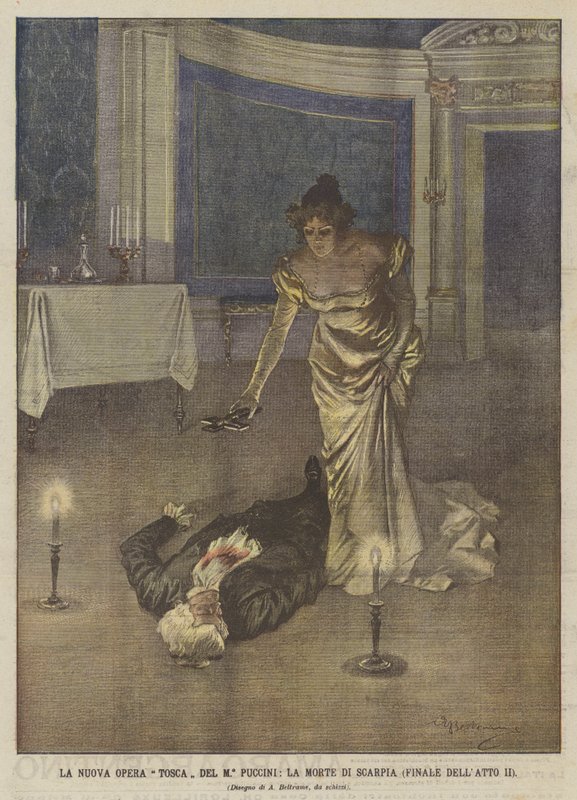 The New Tosca Opera af Maestro Puccini, The Death of Scarpia (finalen af ​​akt II) af Achille Beltrame