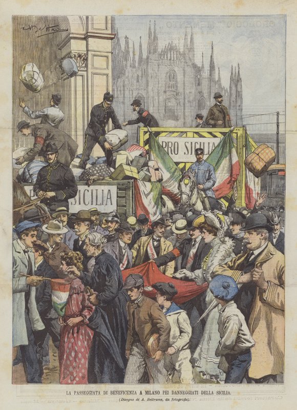 Velgørenhedsvandringen i Milano for skadede mennesker på Sicilien af Achille Beltrame