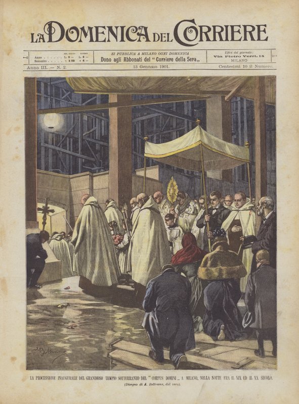 Den indledende procession af det store underjordiske tempel Corpus Domini i Milano? af Achille Beltrame