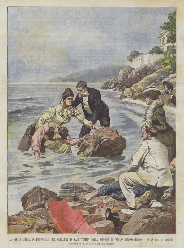Dronning Amelia af Portugal, der klædt påklædt kastede sig i havet fra stranden i Cascaes? af Achille Beltrame