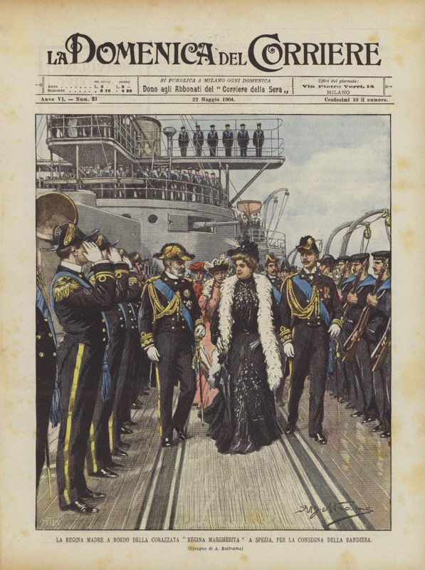 Dronningemoderen ombord på slagskibet Regina Margherita i Spezia, til levering af flaget af Achille Beltrame
