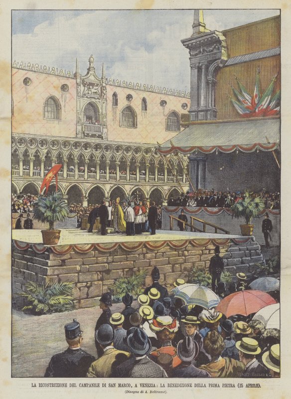 Genopbygning af Campanile di San Marco i Venedig, velsignelsen af ​​den første sten (25. april) af Achille Beltrame
