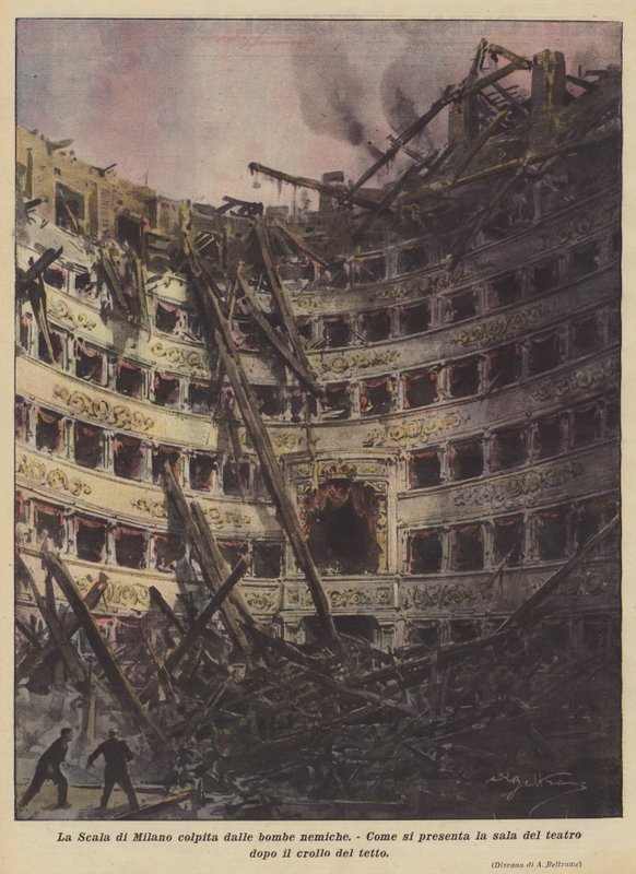 La Scala i Milano ramt af fjendens bomber af Achille Beltrame