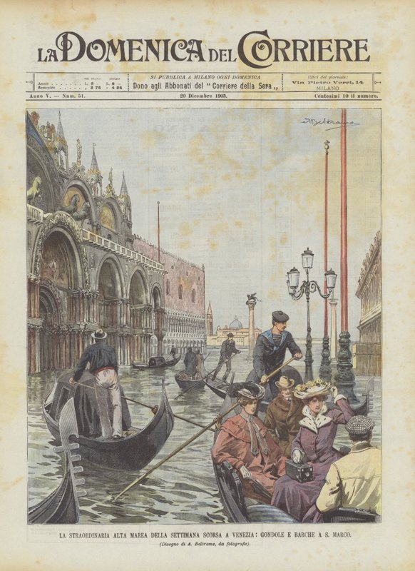 Sidste uges ekstraordinære højvande i Venedig, gondoler og både i S Marco af Achille Beltrame