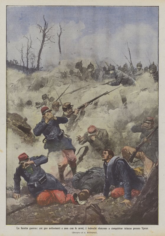 Den dårlige krig, med kvælende gasser og ikke med våben, formår tyskerne at erobre skyttegrave nær Ypres af Achille Beltrame