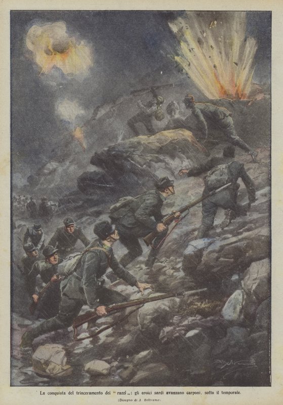 Erobringen af ​​raketternes forskansning rykker de heroiske sardiner frem på alle fire under stormen af Achille Beltrame