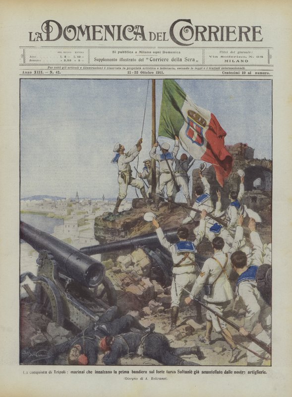 Erobring af Tripoli, sømænd hejser det første flag på det tyrkiske fort Sultanie gia ? af Achille Beltrame