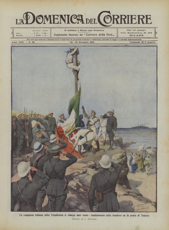 Italiens erobring af Tripolitanien udvides gradvist, og flaget hejses på spidsen af Tagiura af Achille Beltrame