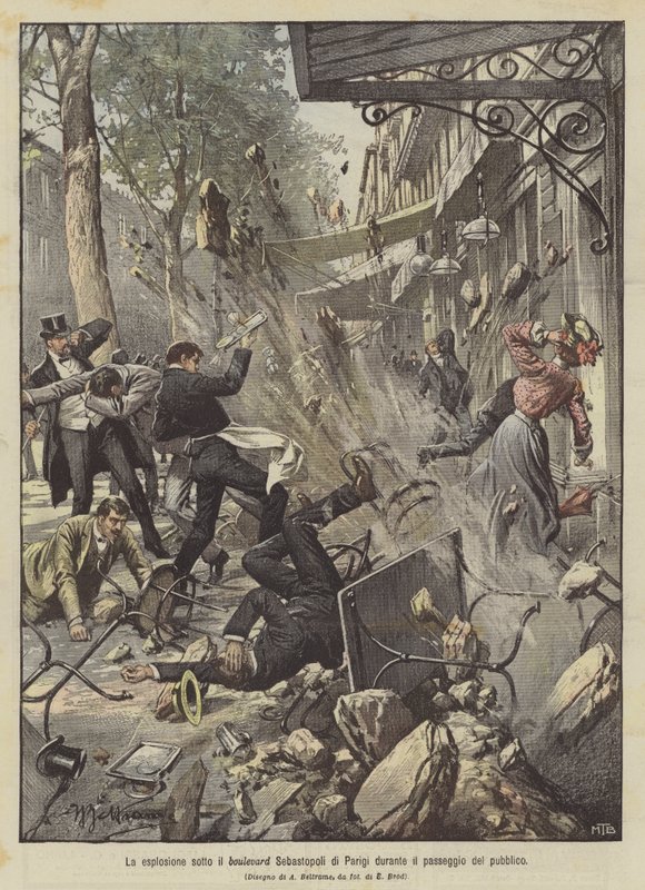 Eksplosionen under boulevarden Sebastopol i Paris under den offentlige promenade af Achille Beltrame