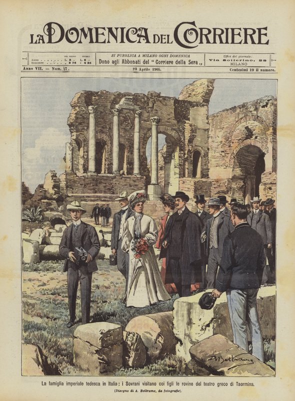 Den tyske kejserfamilie i Italien, suverænerne besøger ruinerne af det græske teater i Taormina med deres børn af Achille Beltrame