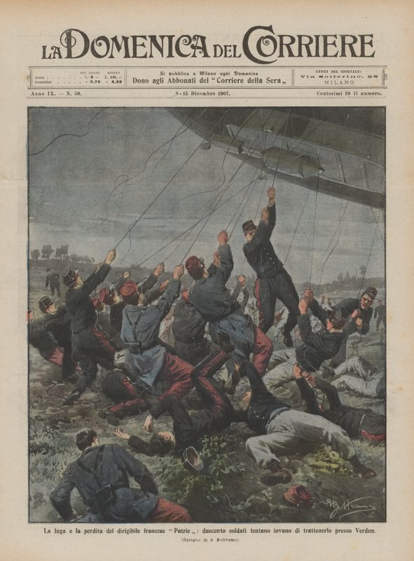 Flugt og tab af det franske luftskib Patrie, to hundrede soldater forsøger forgæves at holde det i nærheden af Verdun af Achille Beltrame