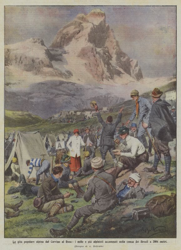 På den populære alpetur fra Matterhorn til Monte Rosa slog tusind og flere bjergbestigere lejr i Breuil-bassinet i 2004 meters højde. af Achille Beltrame