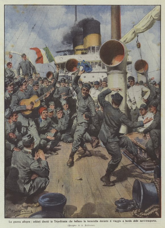 Den muntre krig, soldater på vej til Tripolitania, der danser tarantella undervejs? af Achille Beltrame