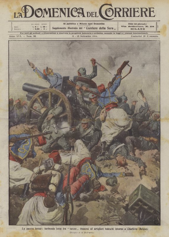 Den voldsomme krig, rasende kamp mellem franske Turcos og tyske skytter omkring Charleroi (Belgien) af Achille Beltrame