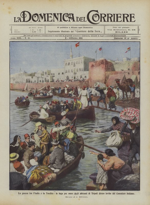 Krigen mellem Italien og Tyrkiet, indbyggernes flugt til søs fra Tripoli på opfordring fra ? af Achille Beltrame