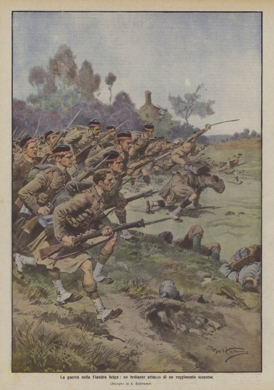 Krig i Belgisk Flandern, et strålende angreb fra et skotsk regiment af Achille Beltrame