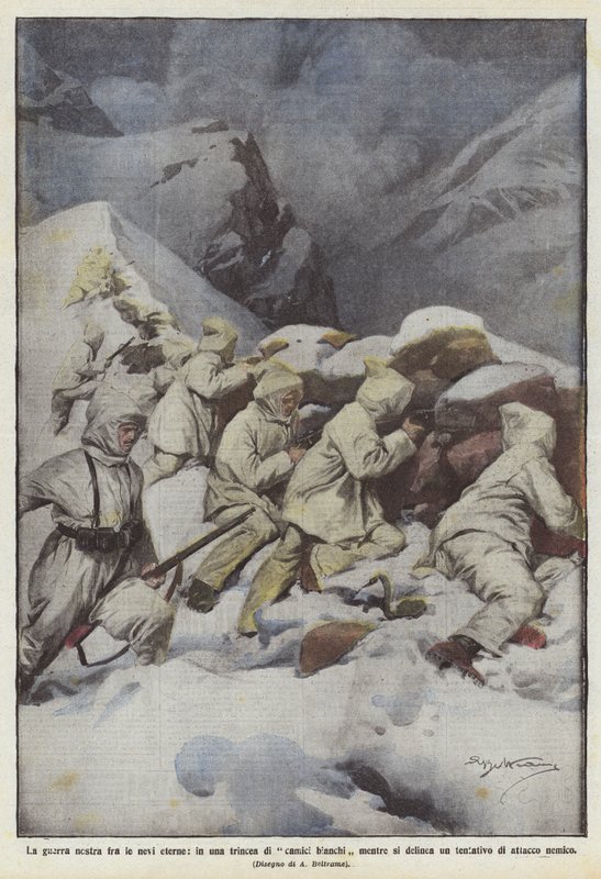 Vores krig blandt den evige sne, i en skyttegrav af hvide kitler, mens den tager form? af Achille Beltrame