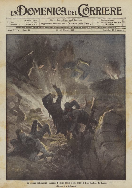 Den underjordiske krigsførelse, eksplosion af vores miner sydvest for San Martino del Carso af Achille Beltrame